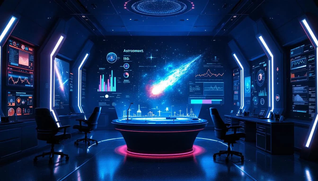 Astronomical research scene with holographic comet analysis display