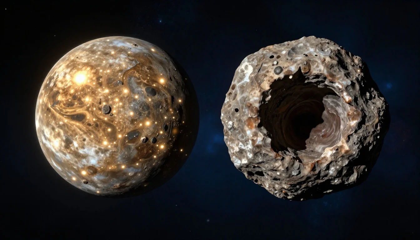 Ceres with bright spots and Vesta with its giant impact crater, shown side by side