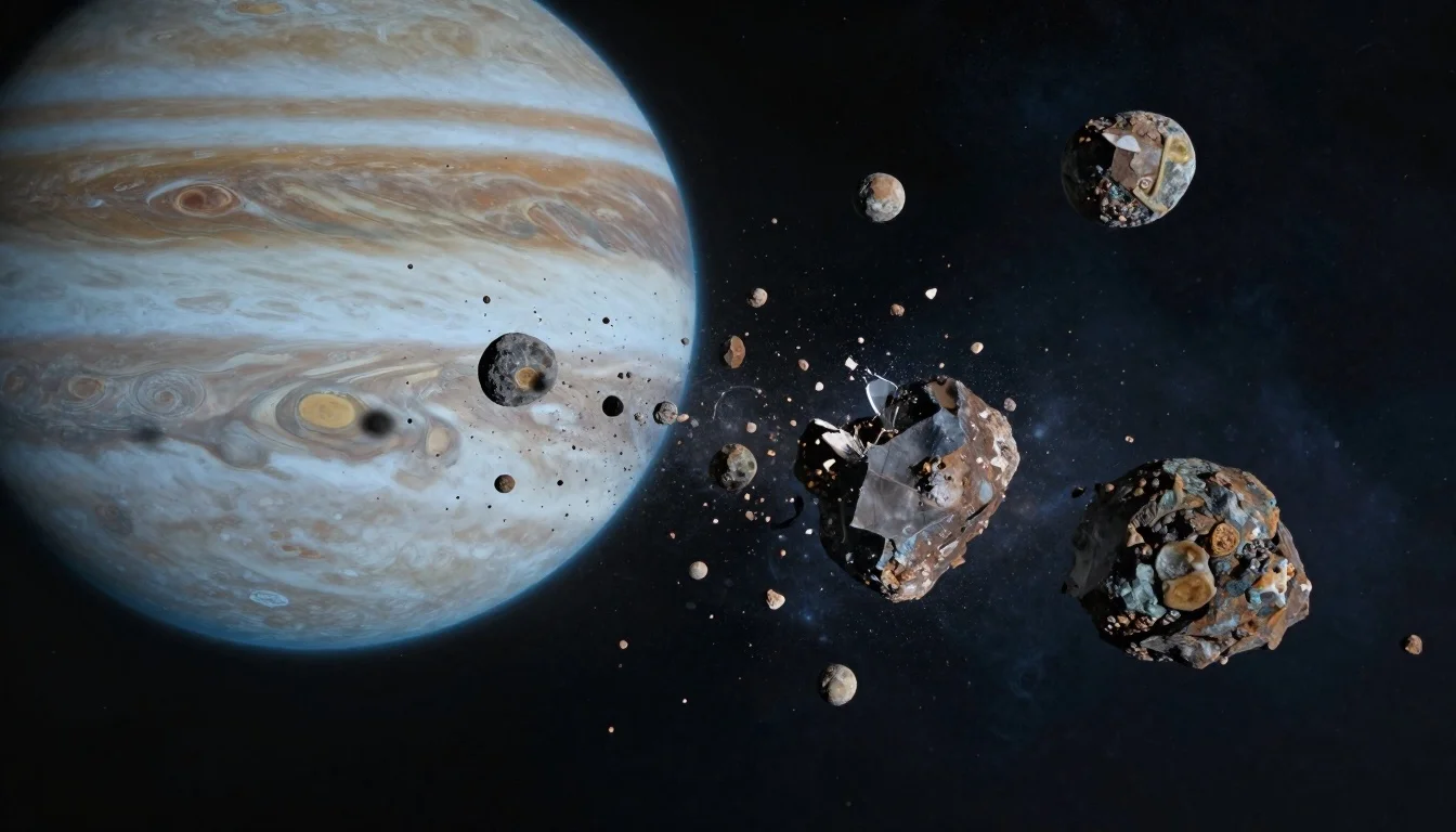 Rocky planetesimals colliding and shattering under Jupiter's gravitational influence