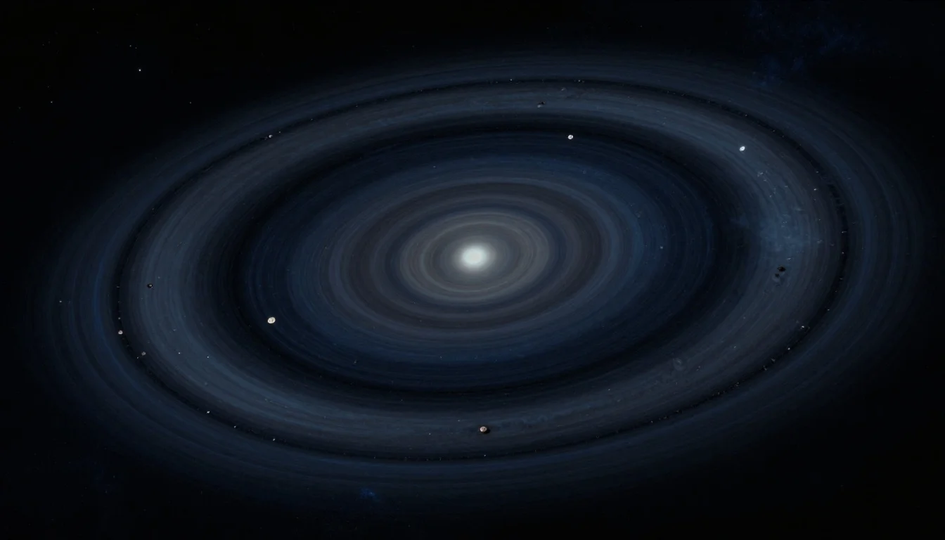 Top-down view of the asteroid belt showing gaps carved by Jupiter's orbital resonances