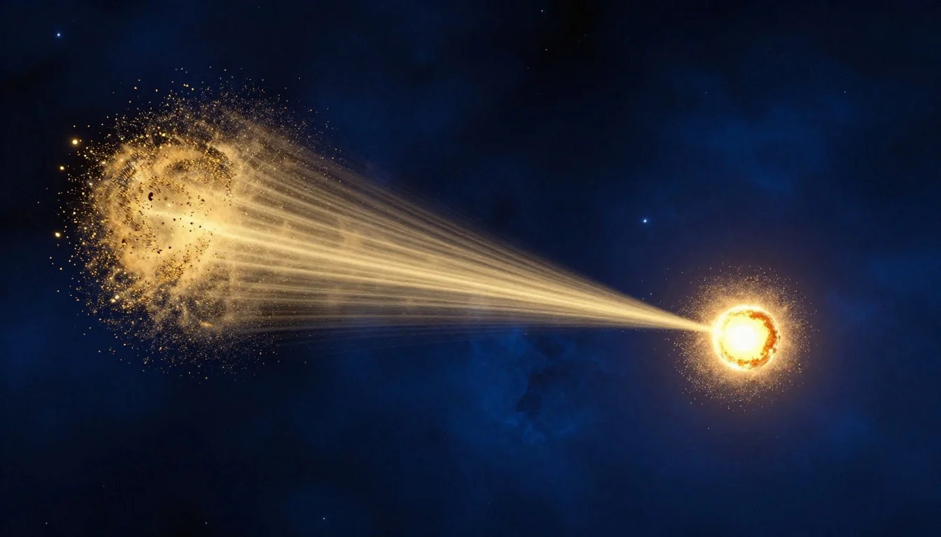 Radiation pressure from sunlight pushing dust particles away from a comet