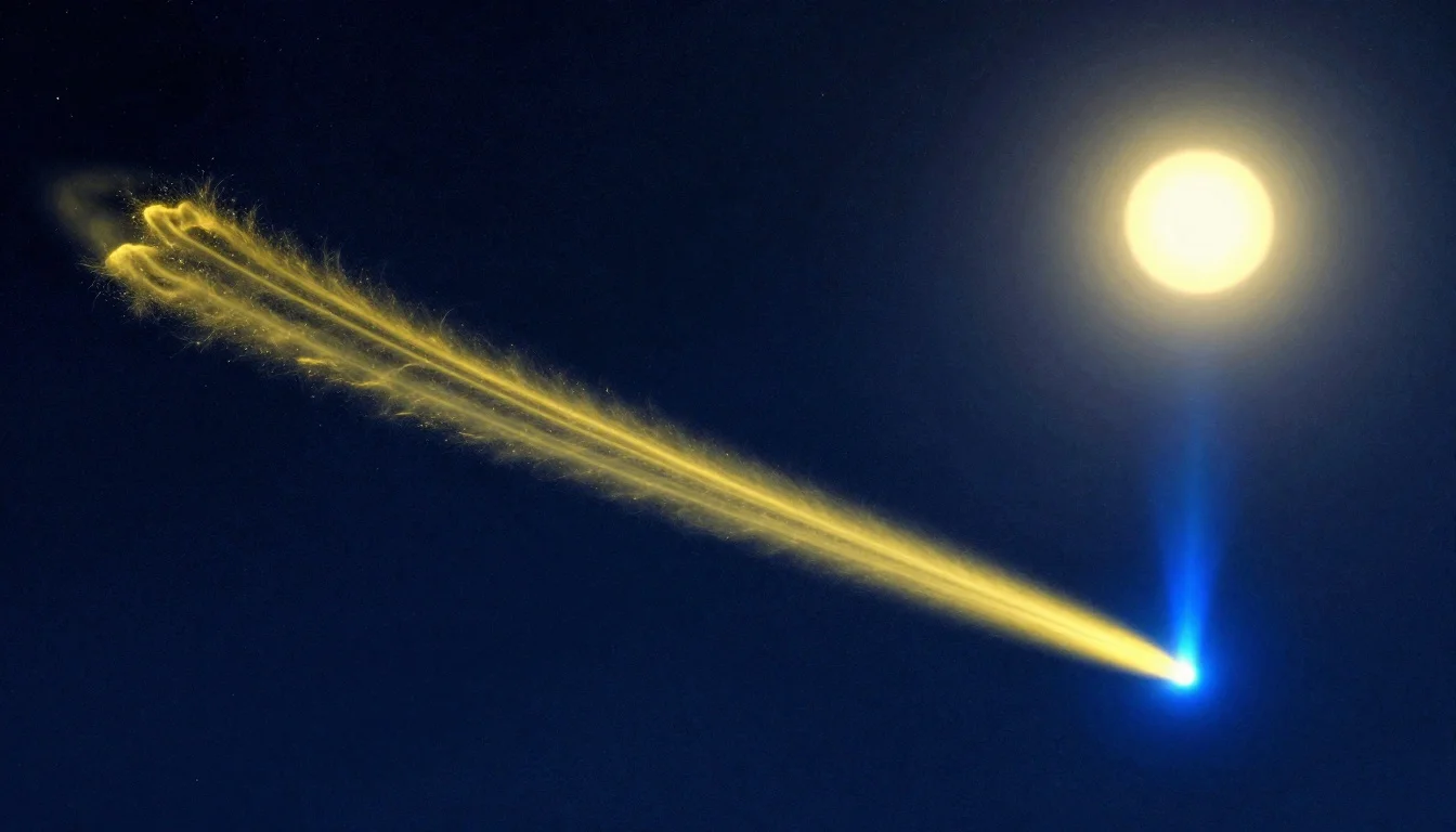 A comet displaying both a curved dust tail and a straight blue ion tail
