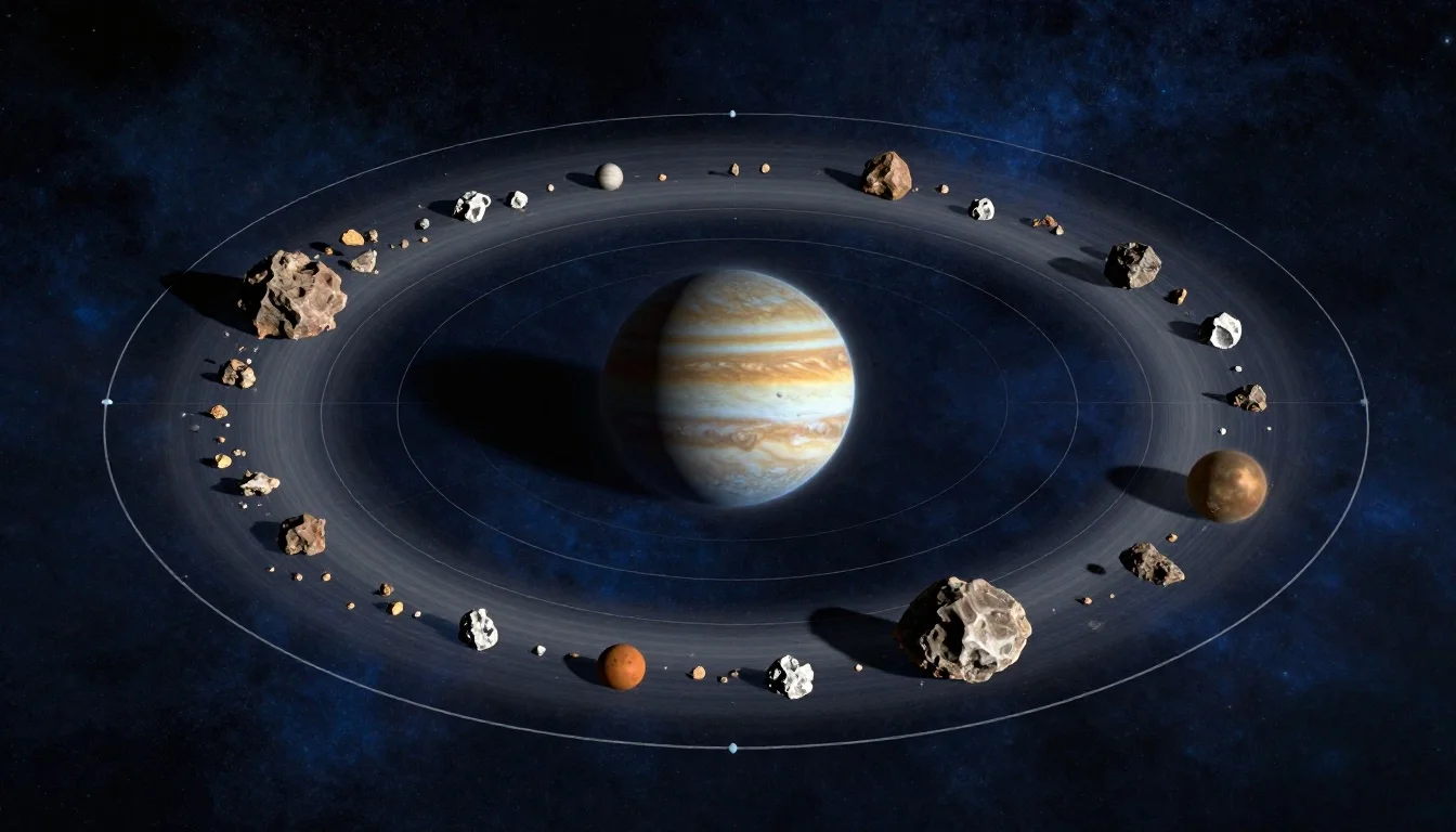Top-down view of the solar system showing the asteroid belt between Mars and Jupiter